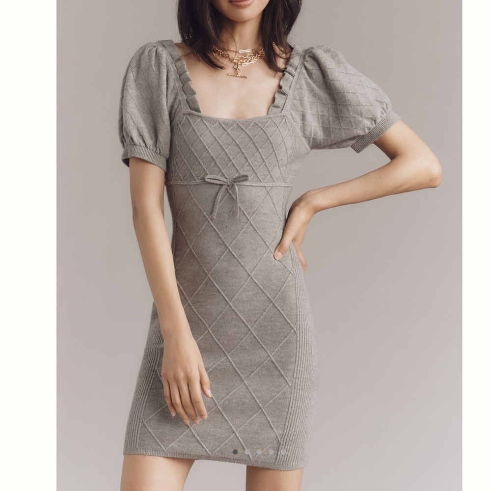 Anthroplogie Sweater Dress Puff Sleeve Short Sleeve Crosshatch Mini Dress Gray